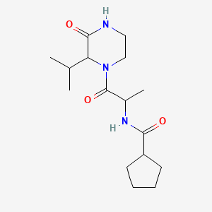 molecular formula C16H27N3O3 B7173333 N-[1-oxo-1-(3-oxo-2-propan-2-ylpiperazin-1-yl)propan-2-yl]cyclopentanecarboxamide 