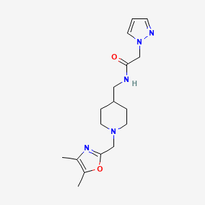 molecular formula C17H25N5O2 B7174869 N-[[1-[(4,5-dimethyl-1,3-oxazol-2-yl)methyl]piperidin-4-yl]methyl]-2-pyrazol-1-ylacetamide 