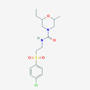 molecular formula C16H23ClN2O4S B7175267 N-[2-(4-chlorophenyl)sulfonylethyl]-2-ethyl-6-methylmorpholine-4-carboxamide 