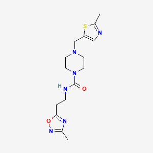 molecular formula C15H22N6O2S B7175361 N-[2-(3-methyl-1,2,4-oxadiazol-5-yl)ethyl]-4-[(2-methyl-1,3-thiazol-5-yl)methyl]piperazine-1-carboxamide 
