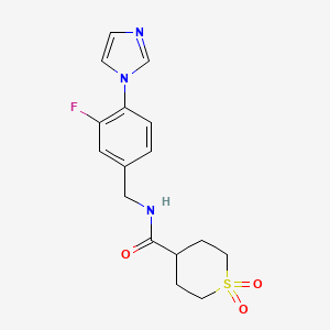 molecular formula C16H18FN3O3S B7175937 N-[(3-fluoro-4-imidazol-1-ylphenyl)methyl]-1,1-dioxothiane-4-carboxamide 