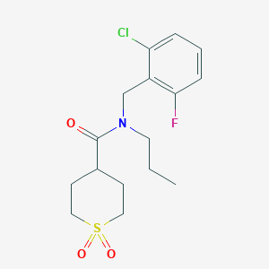 molecular formula C16H21ClFNO3S B7175949 N-[(2-chloro-6-fluorophenyl)methyl]-1,1-dioxo-N-propylthiane-4-carboxamide 