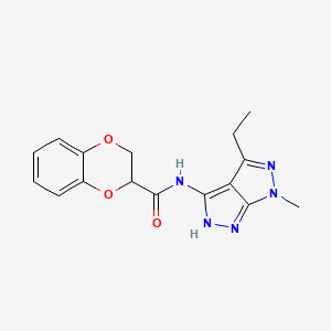 molecular formula C16H17N5O3 B7178633 N-(4-ethyl-6-methyl-2H-pyrazolo[3,4-c]pyrazol-3-yl)-2,3-dihydro-1,4-benzodioxine-3-carboxamide 