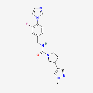 molecular formula C19H21FN6O B7178976 N-[(3-fluoro-4-imidazol-1-ylphenyl)methyl]-3-(1-methylpyrazol-4-yl)pyrrolidine-1-carboxamide 