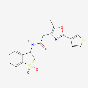 molecular formula C18H16N2O4S2 B7179976 N-(1,1-dioxo-2,3-dihydro-1-benzothiophen-3-yl)-2-(5-methyl-2-thiophen-3-yl-1,3-oxazol-4-yl)acetamide 