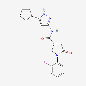 molecular formula C19H21FN4O2 B7180467 N-(5-cyclopentyl-1H-pyrazol-3-yl)-1-(2-fluorophenyl)-5-oxopyrrolidine-3-carboxamide 