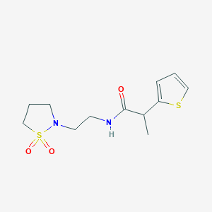 molecular formula C12H18N2O3S2 B7181480 N-[2-(1,1-dioxo-1,2-thiazolidin-2-yl)ethyl]-2-thiophen-2-ylpropanamide 