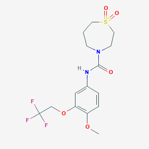 molecular formula C15H19F3N2O5S B7182120 N-[4-methoxy-3-(2,2,2-trifluoroethoxy)phenyl]-1,1-dioxo-1,4-thiazepane-4-carboxamide 