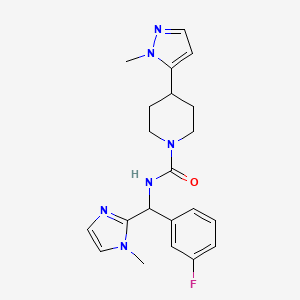 molecular formula C21H25FN6O B7182152 N-[(3-fluorophenyl)-(1-methylimidazol-2-yl)methyl]-4-(2-methylpyrazol-3-yl)piperidine-1-carboxamide 