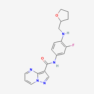 molecular formula C18H18FN5O2 B7182496 N-[3-fluoro-4-(oxolan-2-ylmethylamino)phenyl]pyrazolo[1,5-a]pyrimidine-3-carboxamide 