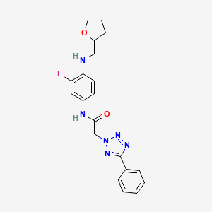 molecular formula C20H21FN6O2 B7182500 N-[3-fluoro-4-(oxolan-2-ylmethylamino)phenyl]-2-(5-phenyltetrazol-2-yl)acetamide 