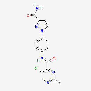 molecular formula C16H13ClN6O2 B7184695 N-[4-(3-carbamoylpyrazol-1-yl)phenyl]-5-chloro-2-methylpyrimidine-4-carboxamide 