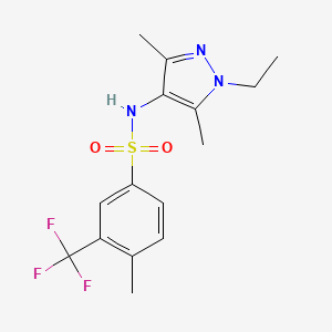molecular formula C15H18F3N3O2S B7185150 N-(1-ethyl-3,5-dimethylpyrazol-4-yl)-4-methyl-3-(trifluoromethyl)benzenesulfonamide 