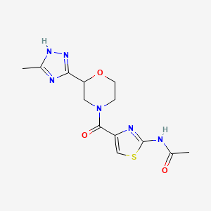 molecular formula C13H16N6O3S B7185791 N-[4-[2-(5-methyl-1H-1,2,4-triazol-3-yl)morpholine-4-carbonyl]-1,3-thiazol-2-yl]acetamide 