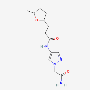 molecular formula C13H20N4O3 B7188275 N-[1-(2-amino-2-oxoethyl)pyrazol-4-yl]-3-(5-methyloxolan-2-yl)propanamide 