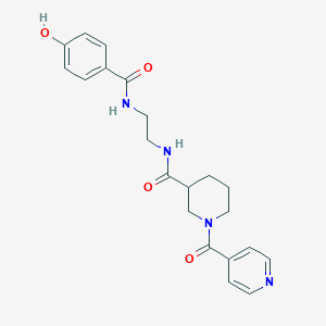 molecular formula C21H24N4O4 B7188278 N-[2-[(4-hydroxybenzoyl)amino]ethyl]-1-(pyridine-4-carbonyl)piperidine-3-carboxamide 