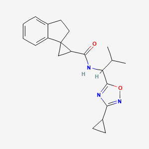 molecular formula C21H25N3O2 B7188344 N-[1-(3-cyclopropyl-1,2,4-oxadiazol-5-yl)-2-methylpropyl]spiro[1,2-dihydroindene-3,2'-cyclopropane]-1'-carboxamide 