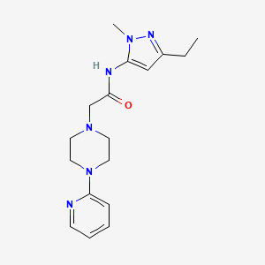 molecular formula C17H24N6O B7188377 N-(5-ethyl-2-methylpyrazol-3-yl)-2-(4-pyridin-2-ylpiperazin-1-yl)acetamide 