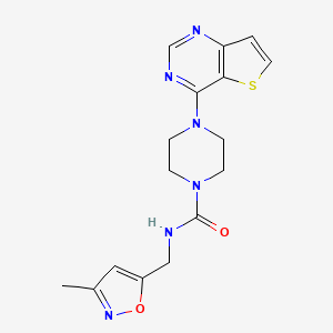 molecular formula C16H18N6O2S B7188509 N-[(3-methyl-1,2-oxazol-5-yl)methyl]-4-thieno[3,2-d]pyrimidin-4-ylpiperazine-1-carboxamide 