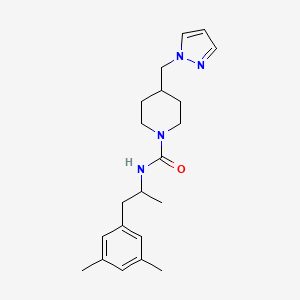 molecular formula C21H30N4O B7188677 N-[1-(3,5-dimethylphenyl)propan-2-yl]-4-(pyrazol-1-ylmethyl)piperidine-1-carboxamide 