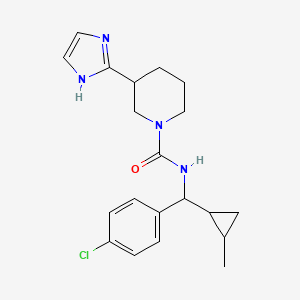 molecular formula C20H25ClN4O B7189961 N-[(4-chlorophenyl)-(2-methylcyclopropyl)methyl]-3-(1H-imidazol-2-yl)piperidine-1-carboxamide 
