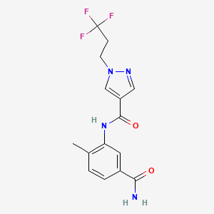 molecular formula C15H15F3N4O2 B7190938 N-(5-carbamoyl-2-methylphenyl)-1-(3,3,3-trifluoropropyl)pyrazole-4-carboxamide 