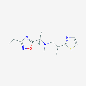 molecular formula C13H20N4OS B7191316 N-[1-(3-ethyl-1,2,4-oxadiazol-5-yl)ethyl]-N-methyl-2-(1,3-thiazol-2-yl)propan-1-amine 