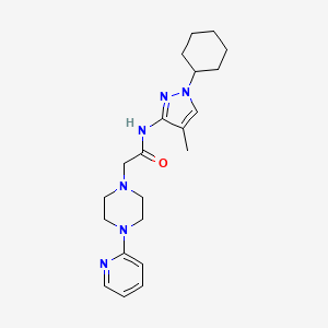molecular formula C21H30N6O B7191713 N-(1-cyclohexyl-4-methylpyrazol-3-yl)-2-(4-pyridin-2-ylpiperazin-1-yl)acetamide 
