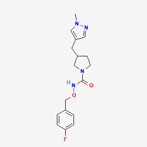 molecular formula C17H21FN4O2 B7192708 N-[(4-fluorophenyl)methoxy]-3-[(1-methylpyrazol-4-yl)methyl]pyrrolidine-1-carboxamide 