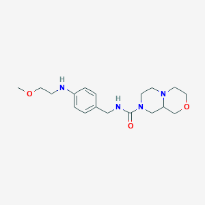 molecular formula C18H28N4O3 B7193566 N-[[4-(2-methoxyethylamino)phenyl]methyl]-3,4,6,7,9,9a-hexahydro-1H-pyrazino[2,1-c][1,4]oxazine-8-carboxamide 