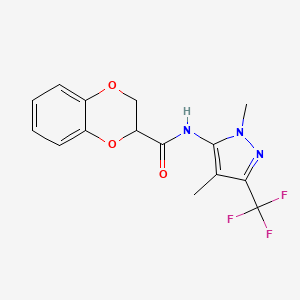 molecular formula C15H14F3N3O3 B7196014 N-[2,4-dimethyl-5-(trifluoromethyl)pyrazol-3-yl]-2,3-dihydro-1,4-benzodioxine-3-carboxamide 
