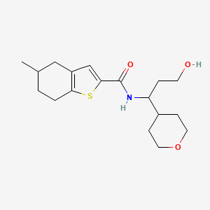 molecular formula C18H27NO3S B7196310 N-[3-hydroxy-1-(oxan-4-yl)propyl]-5-methyl-4,5,6,7-tetrahydro-1-benzothiophene-2-carboxamide 