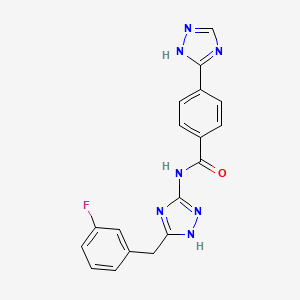 molecular formula C18H14FN7O B7198466 N-[5-[(3-fluorophenyl)methyl]-1H-1,2,4-triazol-3-yl]-4-(1H-1,2,4-triazol-5-yl)benzamide 