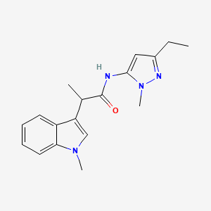 molecular formula C18H22N4O B7199091 N-(5-ethyl-2-methylpyrazol-3-yl)-2-(1-methylindol-3-yl)propanamide 