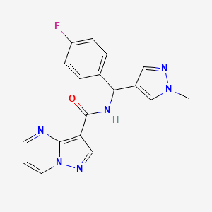 molecular formula C18H15FN6O B7199766 N-[(4-fluorophenyl)-(1-methylpyrazol-4-yl)methyl]pyrazolo[1,5-a]pyrimidine-3-carboxamide 