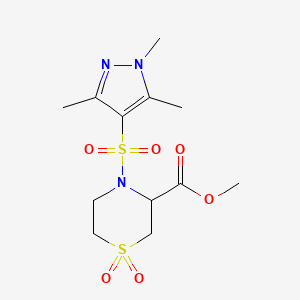 molecular formula C12H19N3O6S2 B7200436 Methyl 1,1-dioxo-4-(1,3,5-trimethylpyrazol-4-yl)sulfonyl-1,4-thiazinane-3-carboxylate 