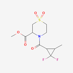 molecular formula C11H15F2NO5S B7201096 Methyl 4-(2,2-difluoro-3-methylcyclopropanecarbonyl)-1,1-dioxo-1,4-thiazinane-3-carboxylate 