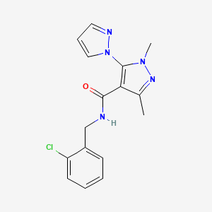 molecular formula C16H16ClN5O B7201104 N-[(2-chlorophenyl)methyl]-1,3-dimethyl-5-pyrazol-1-ylpyrazole-4-carboxamide 