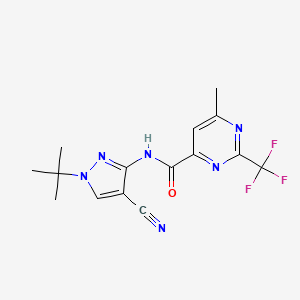 molecular formula C15H15F3N6O B7201180 N-(1-tert-butyl-4-cyanopyrazol-3-yl)-6-methyl-2-(trifluoromethyl)pyrimidine-4-carboxamide 