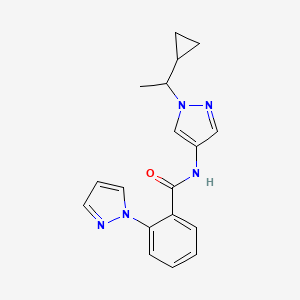 molecular formula C18H19N5O B7201345 N-[1-(1-cyclopropylethyl)pyrazol-4-yl]-2-pyrazol-1-ylbenzamide 