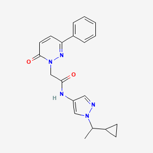 molecular formula C20H21N5O2 B7201364 N-[1-(1-cyclopropylethyl)pyrazol-4-yl]-2-(6-oxo-3-phenylpyridazin-1-yl)acetamide 