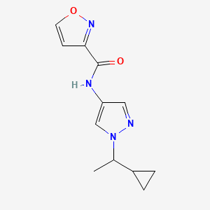 molecular formula C12H14N4O2 B7201367 N-[1-(1-cyclopropylethyl)pyrazol-4-yl]-1,2-oxazole-3-carboxamide 