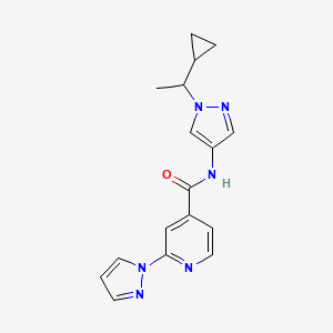 molecular formula C17H18N6O B7201396 N-[1-(1-cyclopropylethyl)pyrazol-4-yl]-2-pyrazol-1-ylpyridine-4-carboxamide 