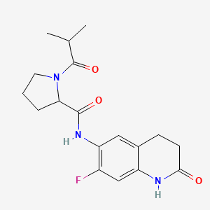 molecular formula C18H22FN3O3 B7201629 N-(7-fluoro-2-oxo-3,4-dihydro-1H-quinolin-6-yl)-1-(2-methylpropanoyl)pyrrolidine-2-carboxamide 