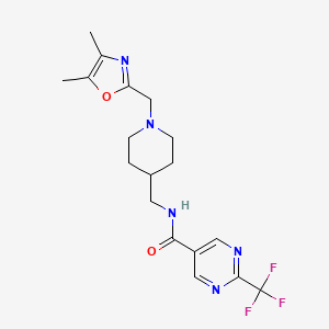 molecular formula C18H22F3N5O2 B7201776 N-[[1-[(4,5-dimethyl-1,3-oxazol-2-yl)methyl]piperidin-4-yl]methyl]-2-(trifluoromethyl)pyrimidine-5-carboxamide 