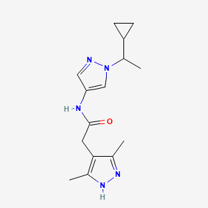 molecular formula C15H21N5O B7201867 N-[1-(1-cyclopropylethyl)pyrazol-4-yl]-2-(3,5-dimethyl-1H-pyrazol-4-yl)acetamide 