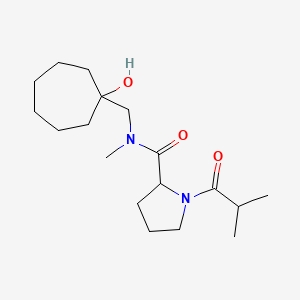 molecular formula C18H32N2O3 B7202249 N-[(1-hydroxycycloheptyl)methyl]-N-methyl-1-(2-methylpropanoyl)pyrrolidine-2-carboxamide 