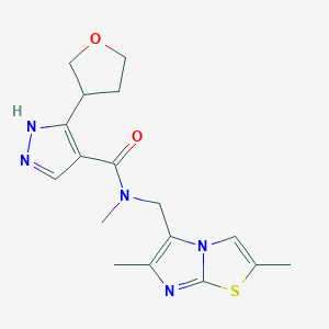 molecular formula C17H21N5O2S B7202664 N-[(2,6-dimethylimidazo[2,1-b][1,3]thiazol-5-yl)methyl]-N-methyl-5-(oxolan-3-yl)-1H-pyrazole-4-carboxamide 