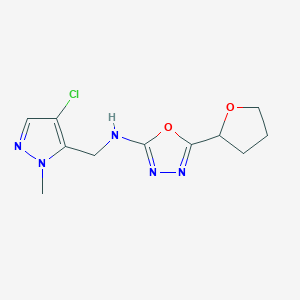 molecular formula C11H14ClN5O2 B7203072 N-[(4-chloro-2-methylpyrazol-3-yl)methyl]-5-(oxolan-2-yl)-1,3,4-oxadiazol-2-amine 