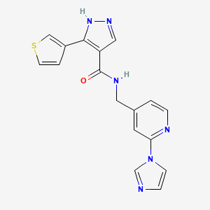 molecular formula C17H14N6OS B7203119 N-[(2-imidazol-1-ylpyridin-4-yl)methyl]-5-thiophen-3-yl-1H-pyrazole-4-carboxamide 